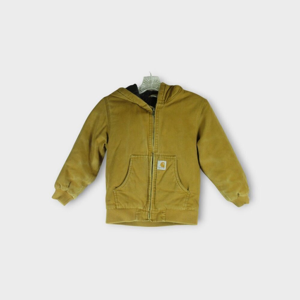 Carhartt Quilted Lined Hooded Jacket Brown Tan Youth Size S (Boy) Duck Canvas
